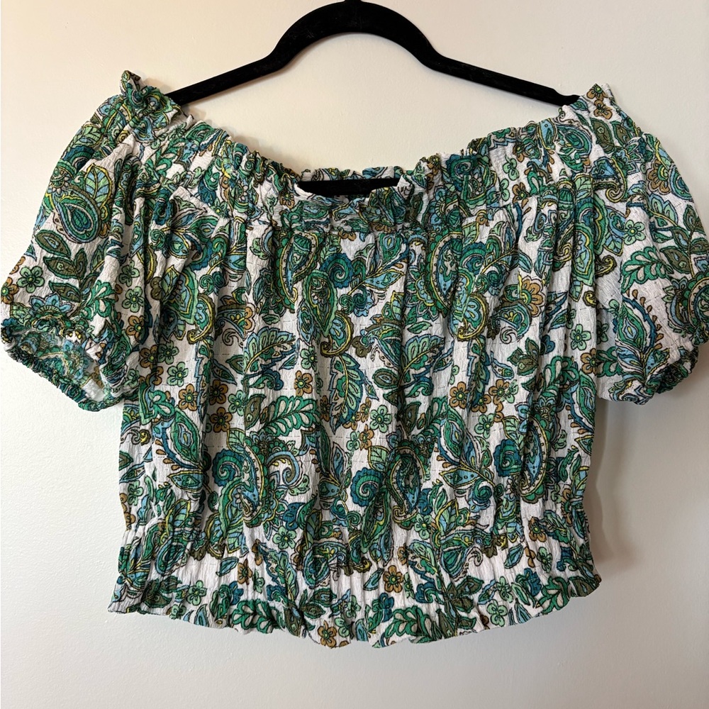 LOFT Paisley Crinkle Jacquard Off The Shoulder Top Size Medium